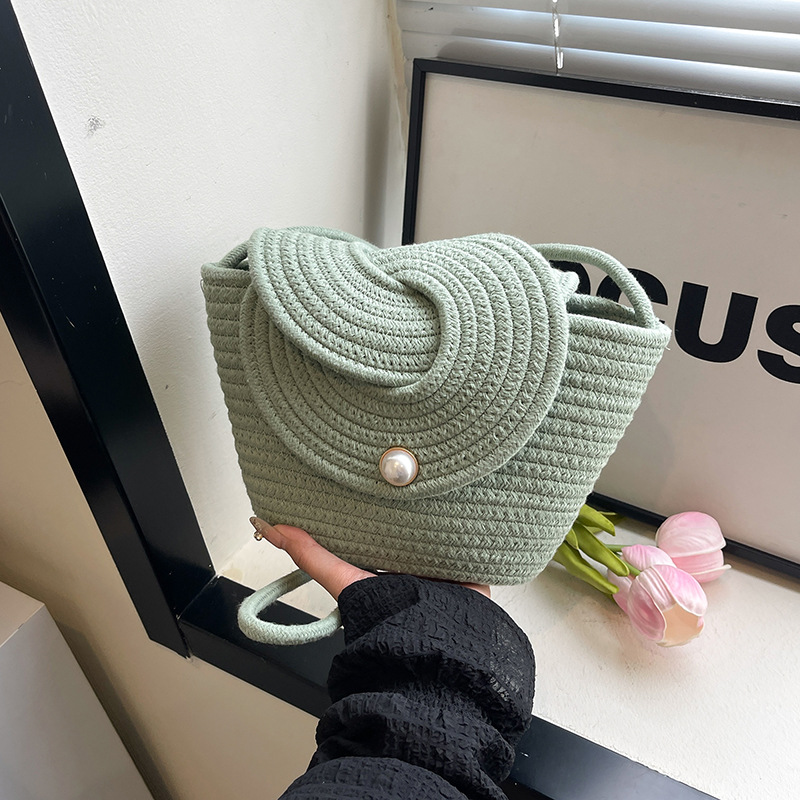 Small fresh pearl flap bag crossbody cotton rope woven bag casual shoulder straw bag mini beach bag women's bag