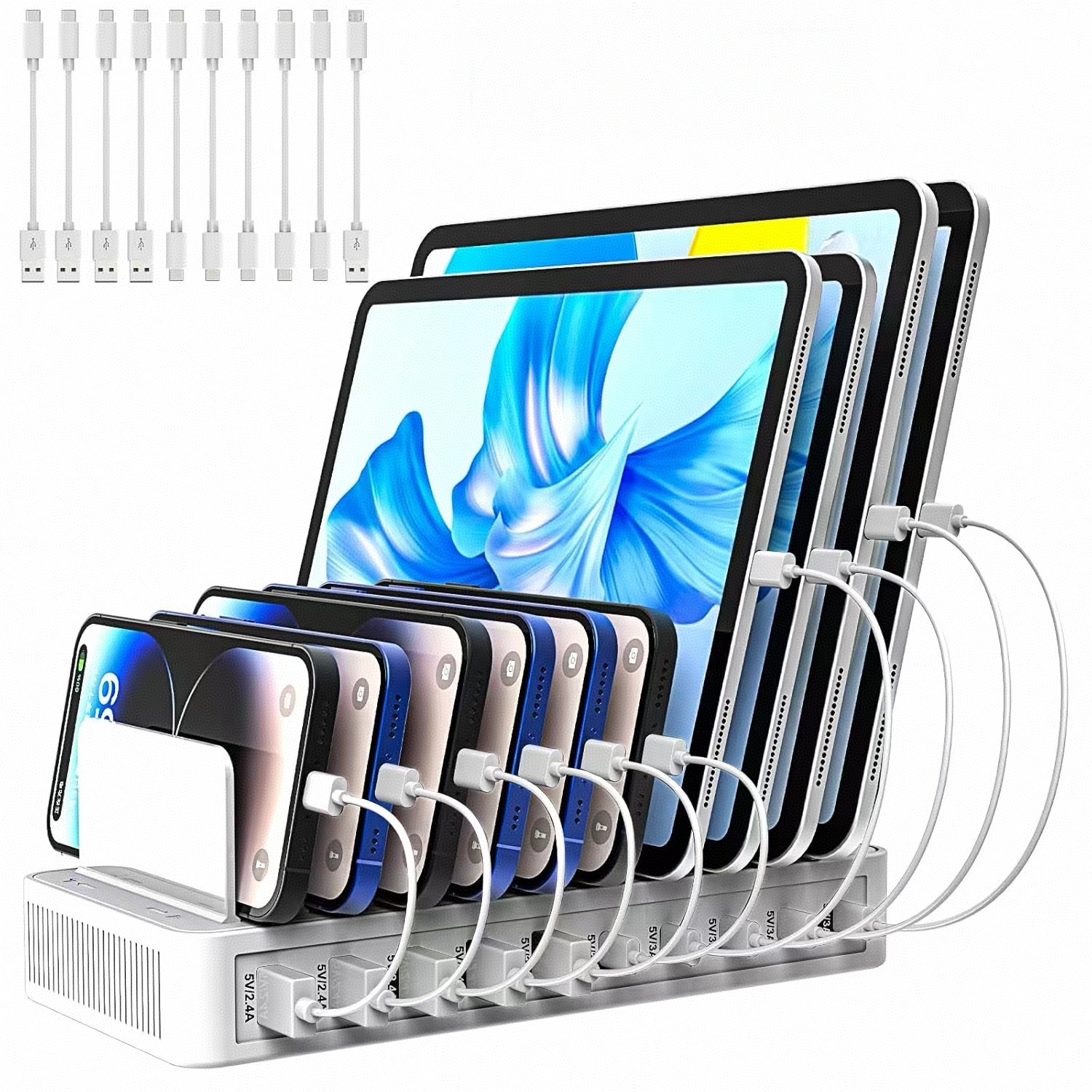 60W Multi-Port USB Desktop Organizer Fast Charger 10-Port with Stand Smart C Port PD QC Fast Charge