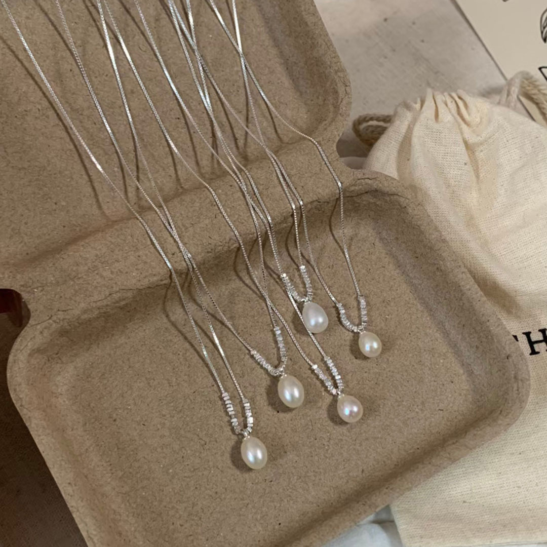 S925 Sterling Silver Crushed Silver Natural Freshwater Pearl Pendant Necklace Women Niche Collarbone Chain