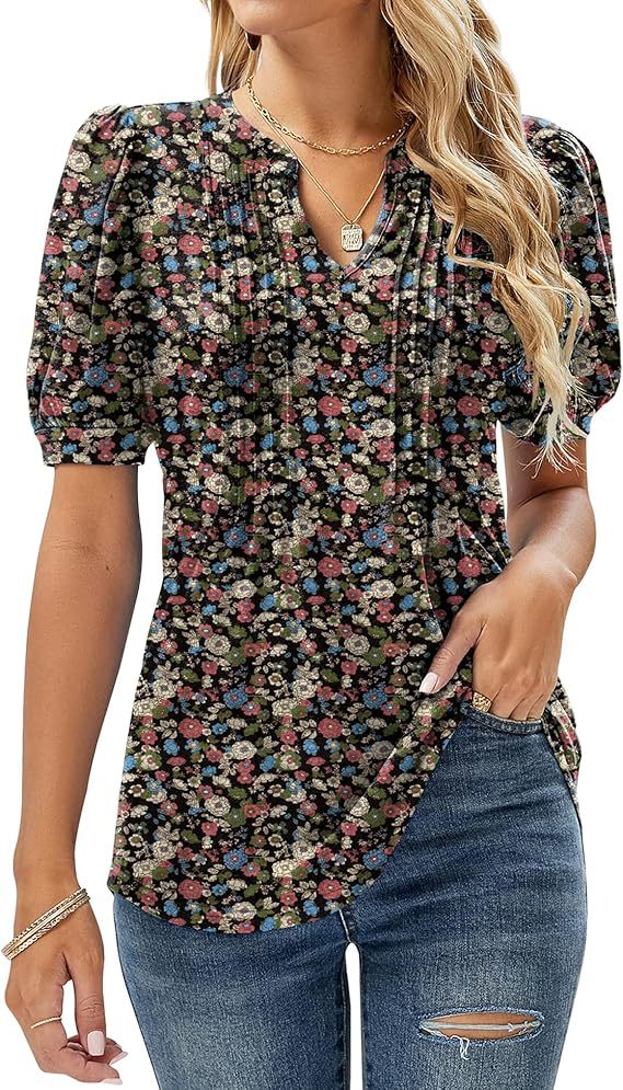 2026 Women's V-Neck Bubble Short Sleeve Pleated T-Shirt Women's Casual Top
