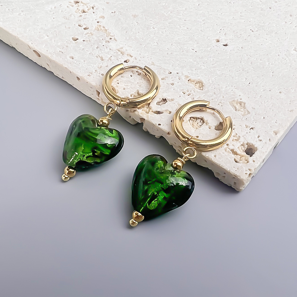 Stainless steel palace girl style gold foil colored琉璃 heart earrings gorgeous style earrings