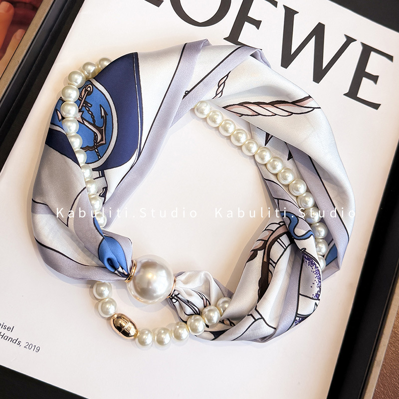 Magnetic buckle pearl necklace narrow small long strip silk scarf women neck protection matching shirt neck scarf gauze scarf thin scarf