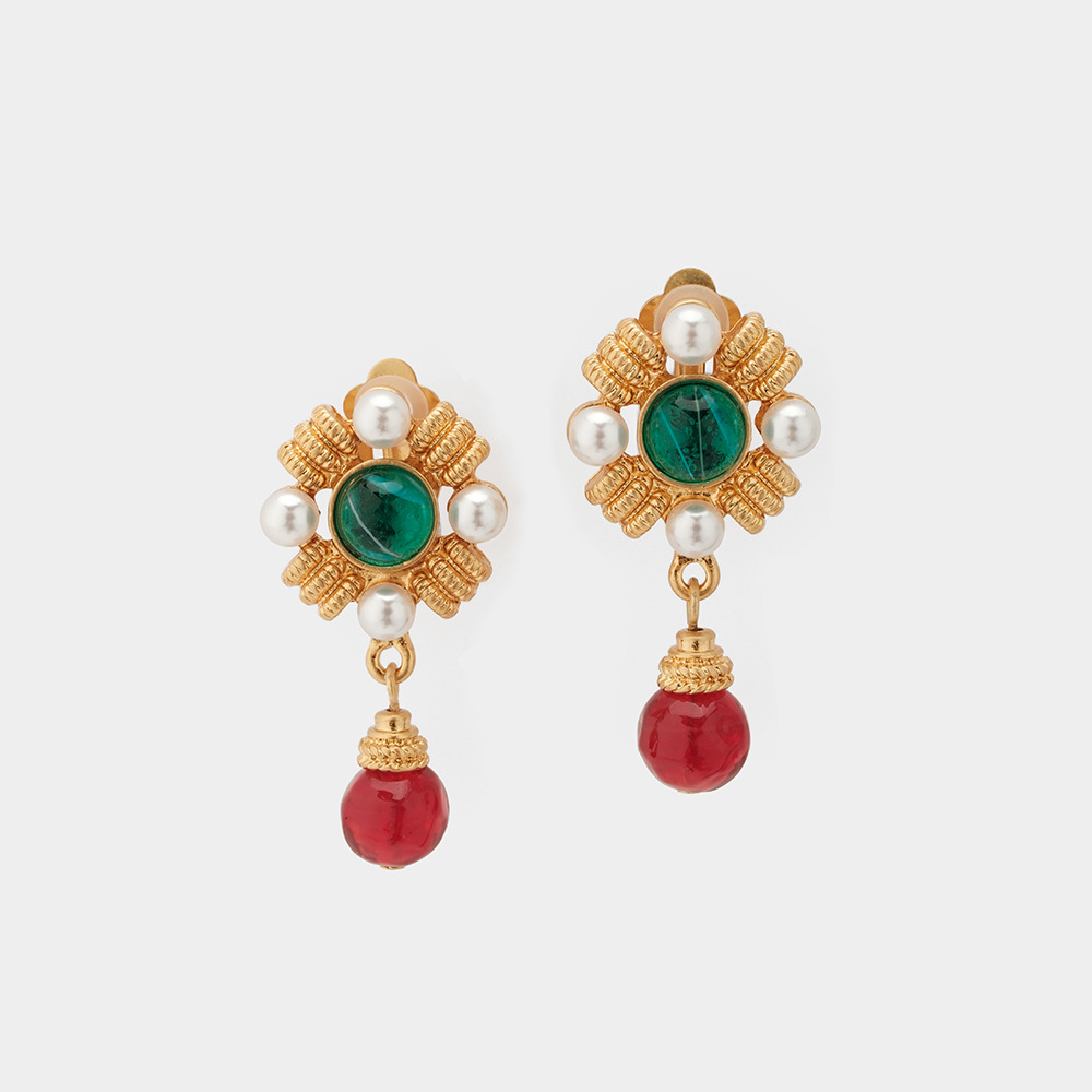 Vintage Glass Brass Elegant Delicate Two-Tone Pendant Earrings Ear Clips