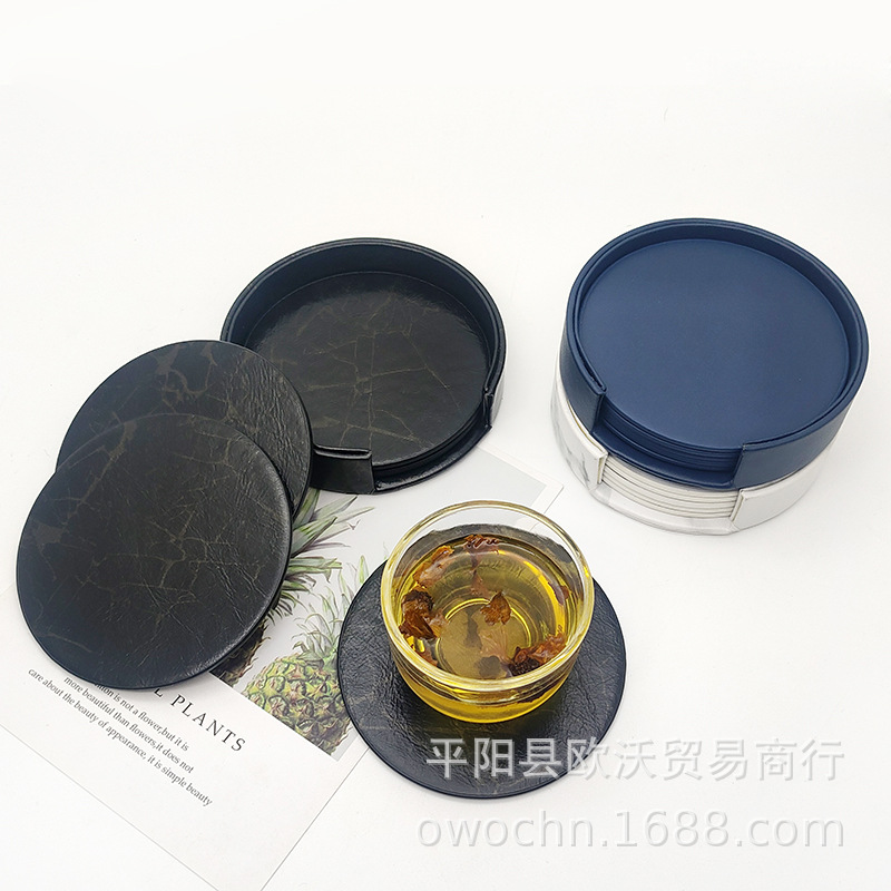 PU round leather tea set 10cm heat insulation pad leather coaster can print LOGO coaster