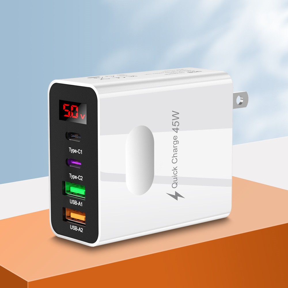 Digital Display 2USB+2Type-C Digital Phone Charger Multi-Port Charging Head UK Plug