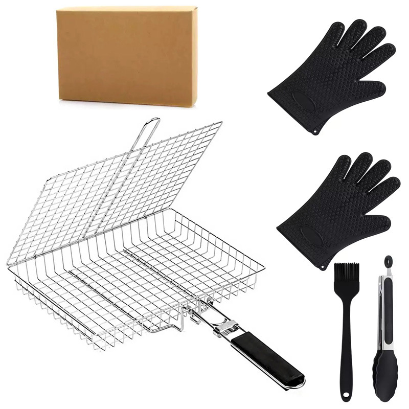 BBQ Stainless Steel Folding Handle Grill Tongs Outdoor Multi-functional BBQ Net Grilled Fish Vegetable Barbecue Tool