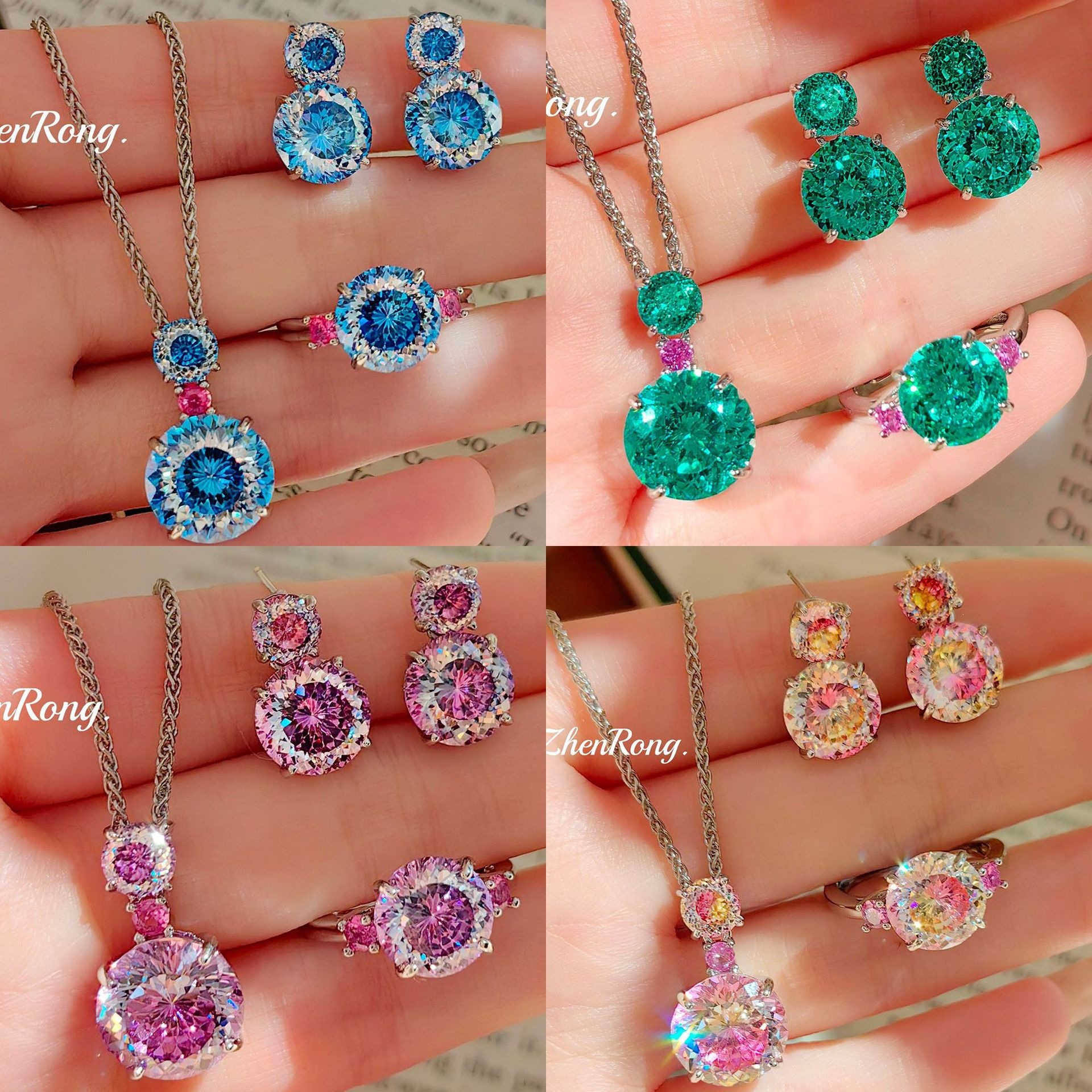 炫彩 pink diamond color gem set brilliant fire cut Paraiba pendant open ring Tanzanite blue earrings women copper