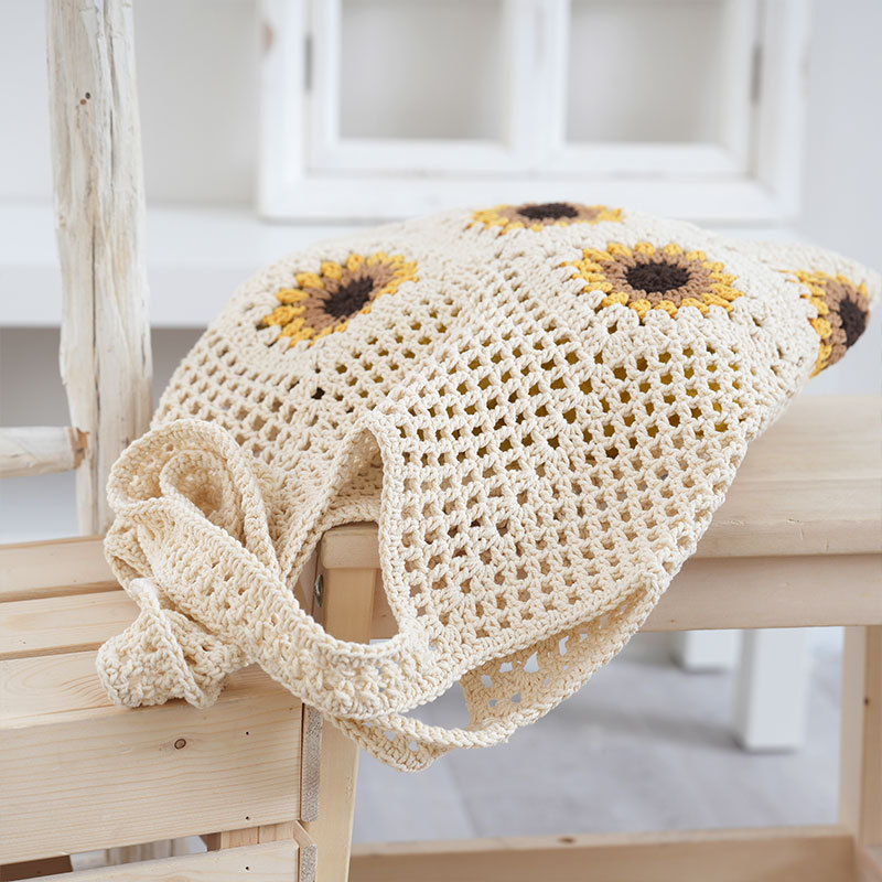 Summer Fresh Cotton Lace Hollow Out Crochet Bag Sunflower Shoulder Bag Commute Beach Vacation Women's Bag