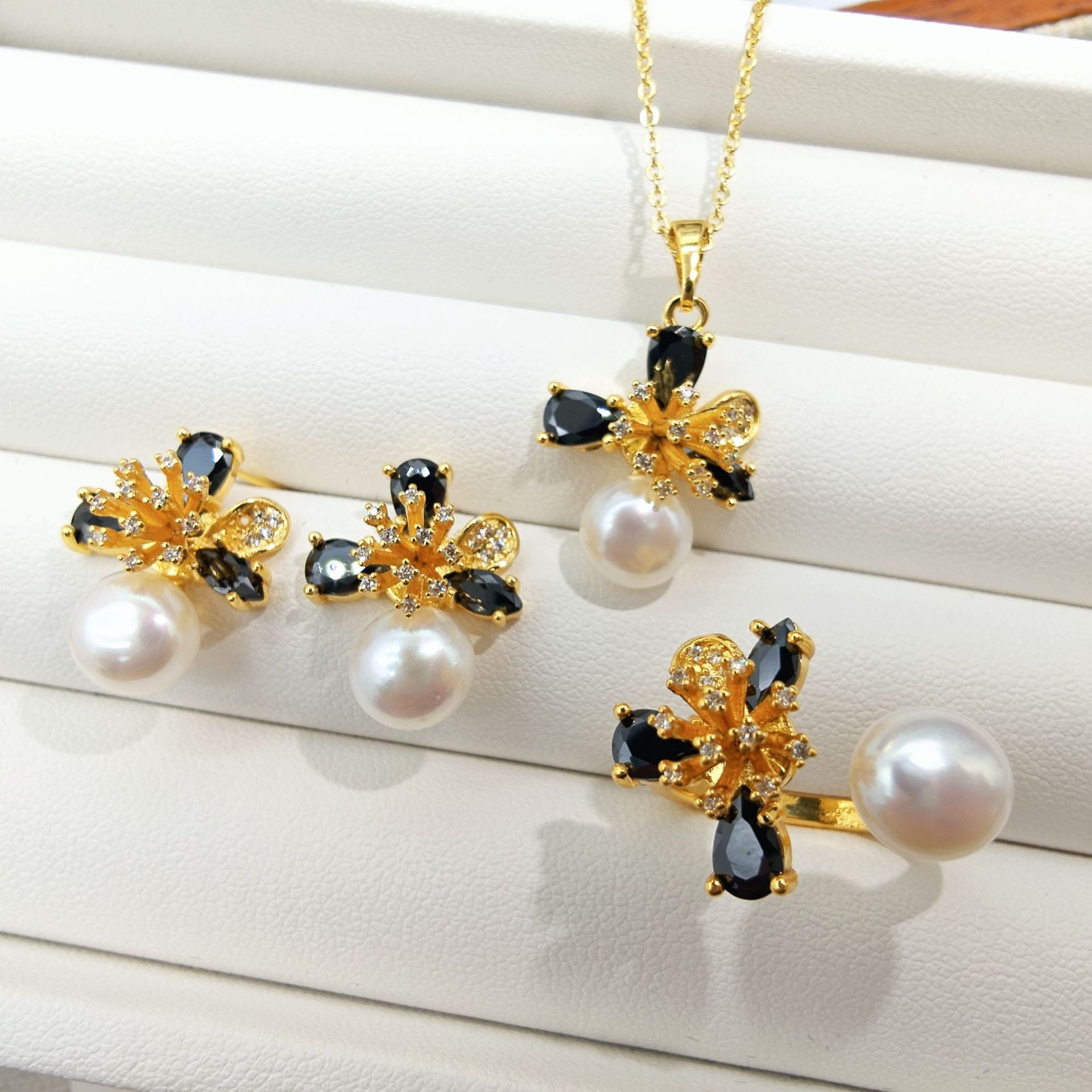 Silver Needle 18K Gold-Filled Micro-Set Zircon Triangle Earrings, Necklace, Ring Empty Mount DIY Earrings Pearl Accessories