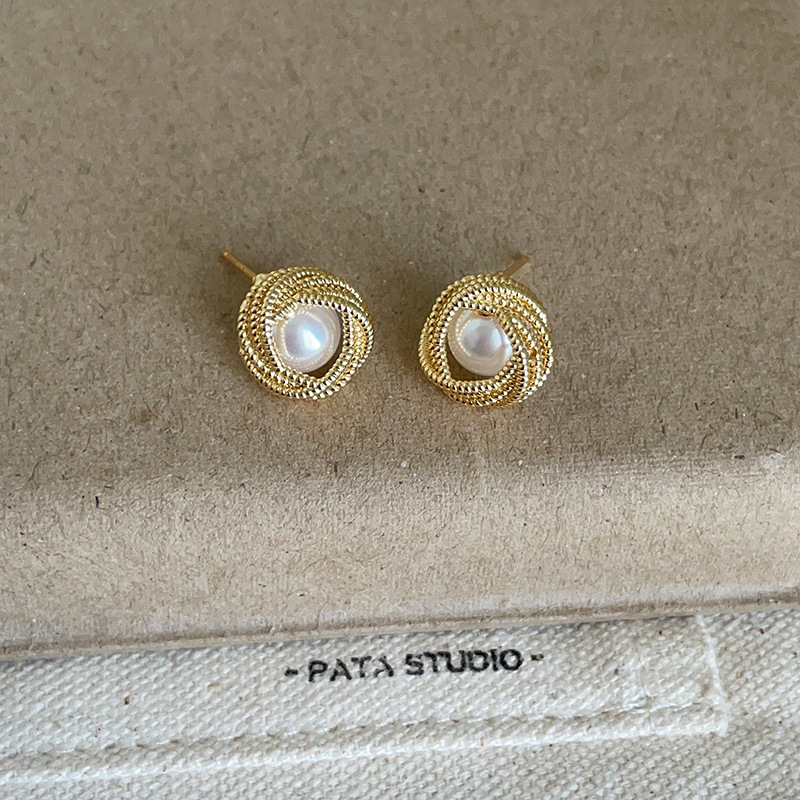 Woven Lace Rose Pearl Stud Earrings for Women 2025 New Niche Earrings Ear Accessories