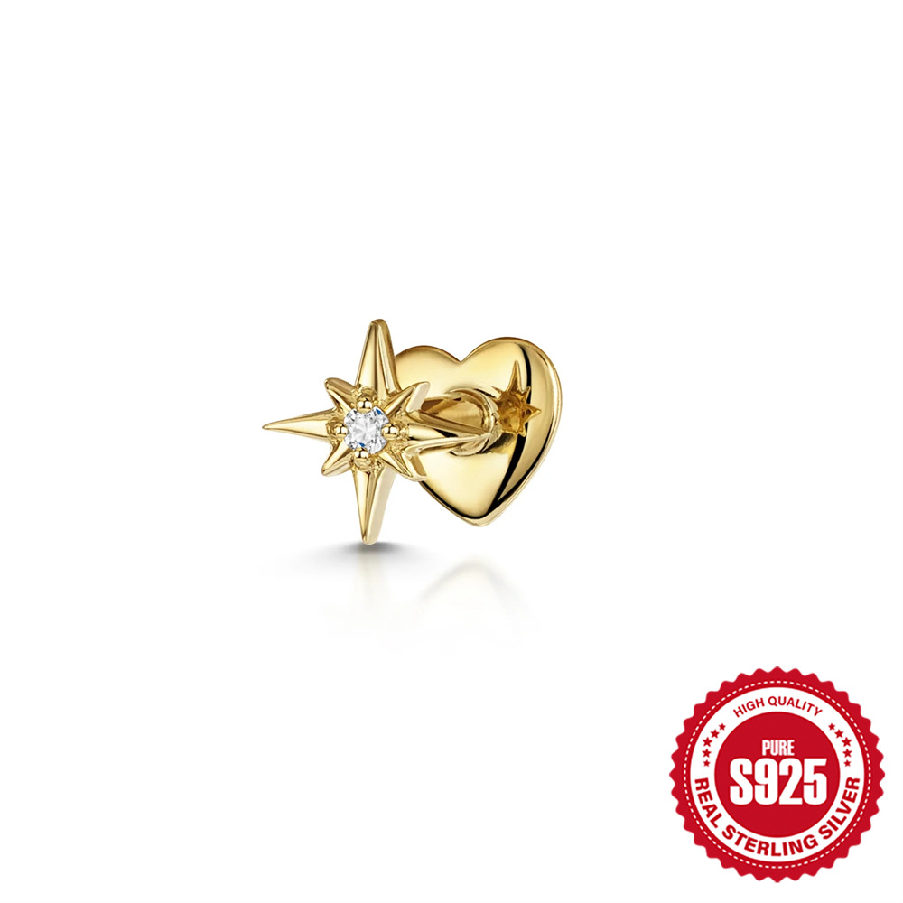 925 sterling silver diamond-set octagonal star heart flat head cartilage piercing ear bone stud new threaded earrings