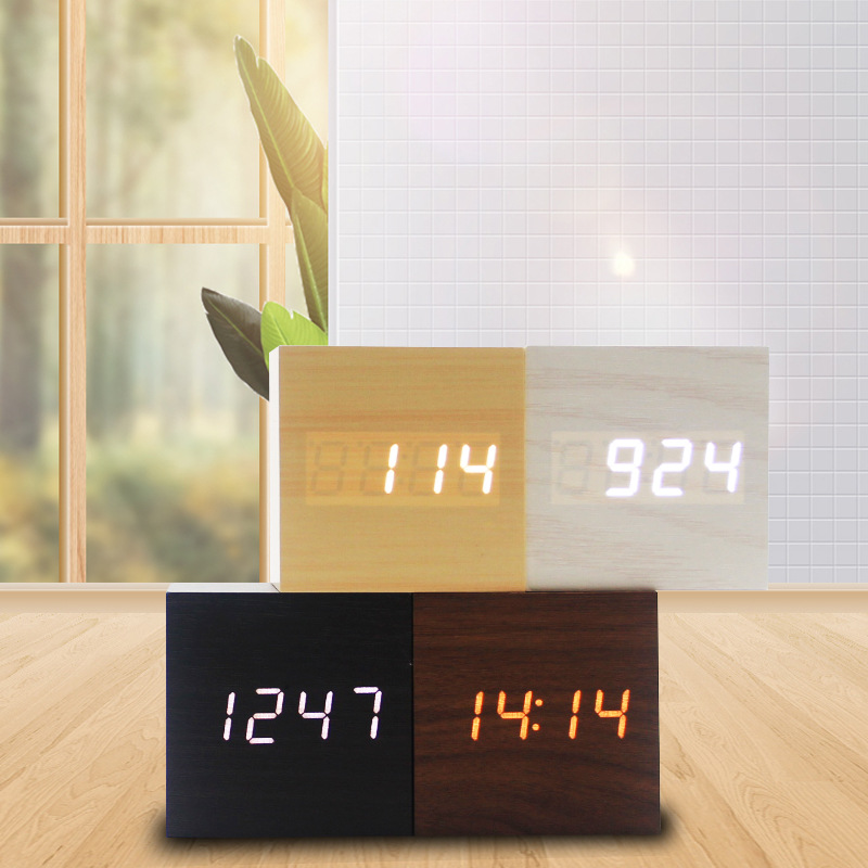 LED Wooden Clock Multifunctional Smart Alarm Clock Student Gift Electronic Clock Bedside Night Light Simple Clock