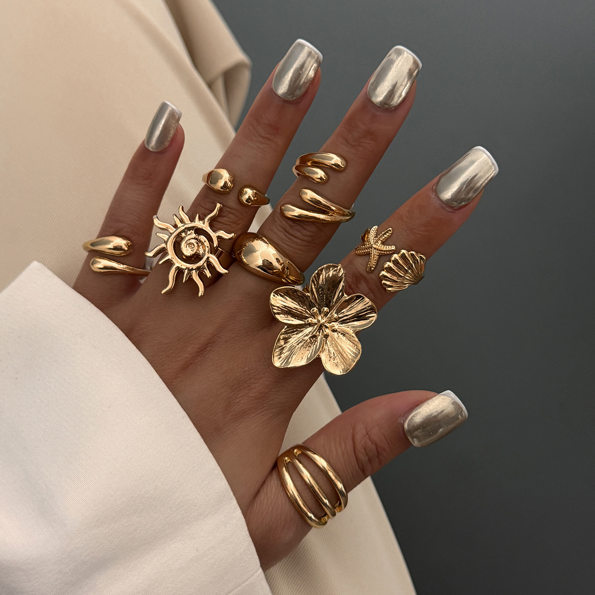 Ocean resort style conch shell ring set metal flower open ring for women