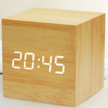 Mini Wooden Clock LED Electronic Clock, Wooden Alarm Clock, Voice-Activated Night Light, Bedside Desktop Clock for Students