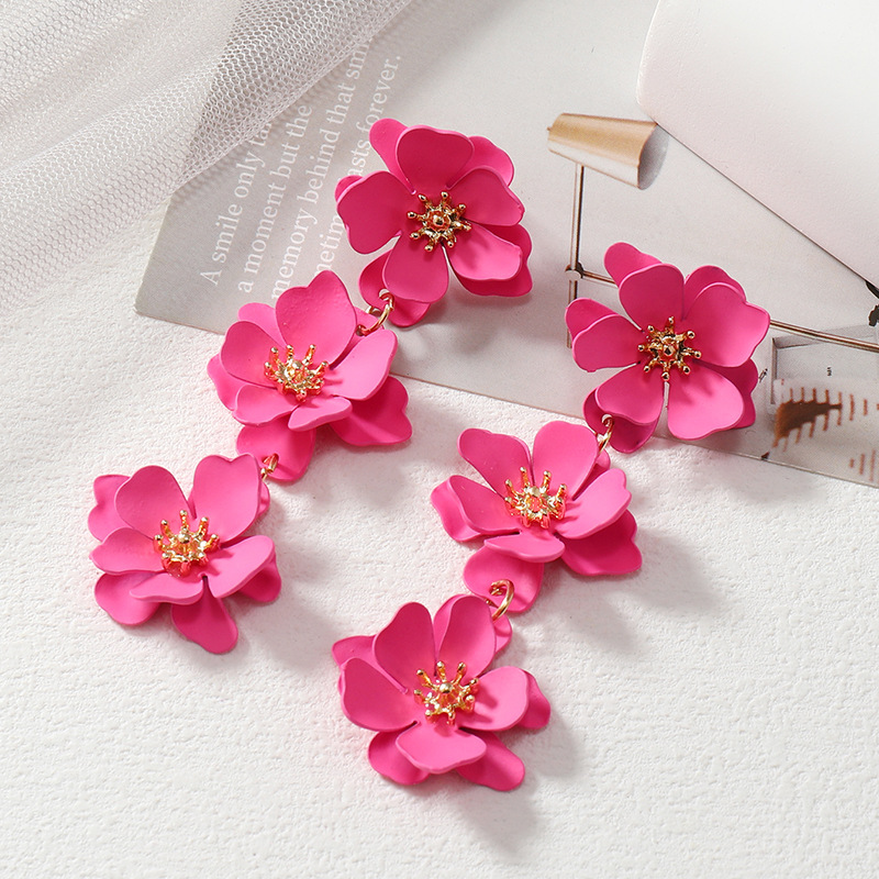 High-quality long dopamine flower earrings rose red ear studs