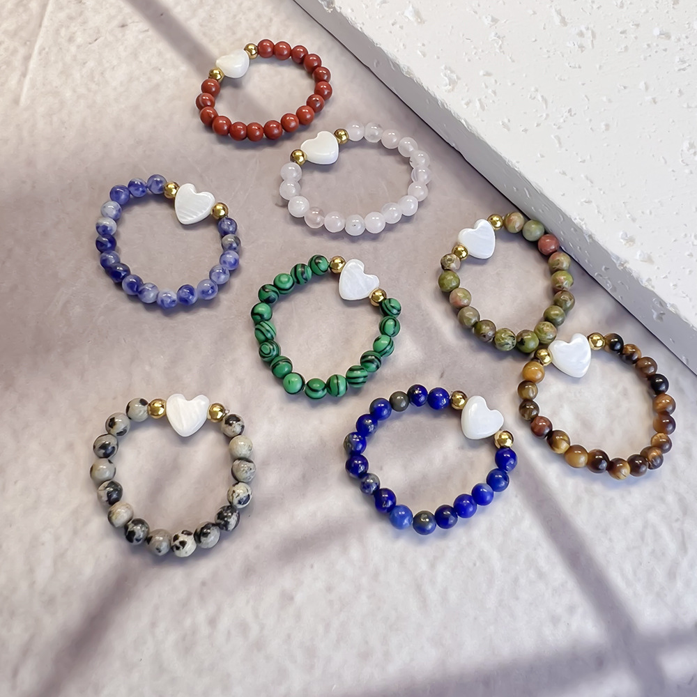 Colorful Natural Stone and Stainless Steel Bead Ring: Heart-Shaped Seashell DIY Craft—Sweet Set of Rings for the Index Finger