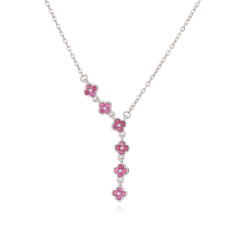 Copper Inlaid Colorful Diamond Four-Leaf Clover Necklace Unique Super Shiny Four-Leaf Flower Tassel Clavicle Chain Choker