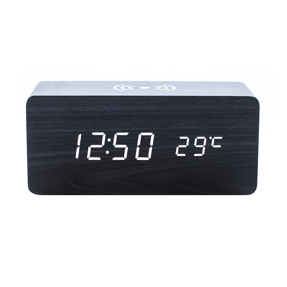 Smart LED wooden clock digital electronic alarm clock, charging clock bedside wireless charging digital wooden clock