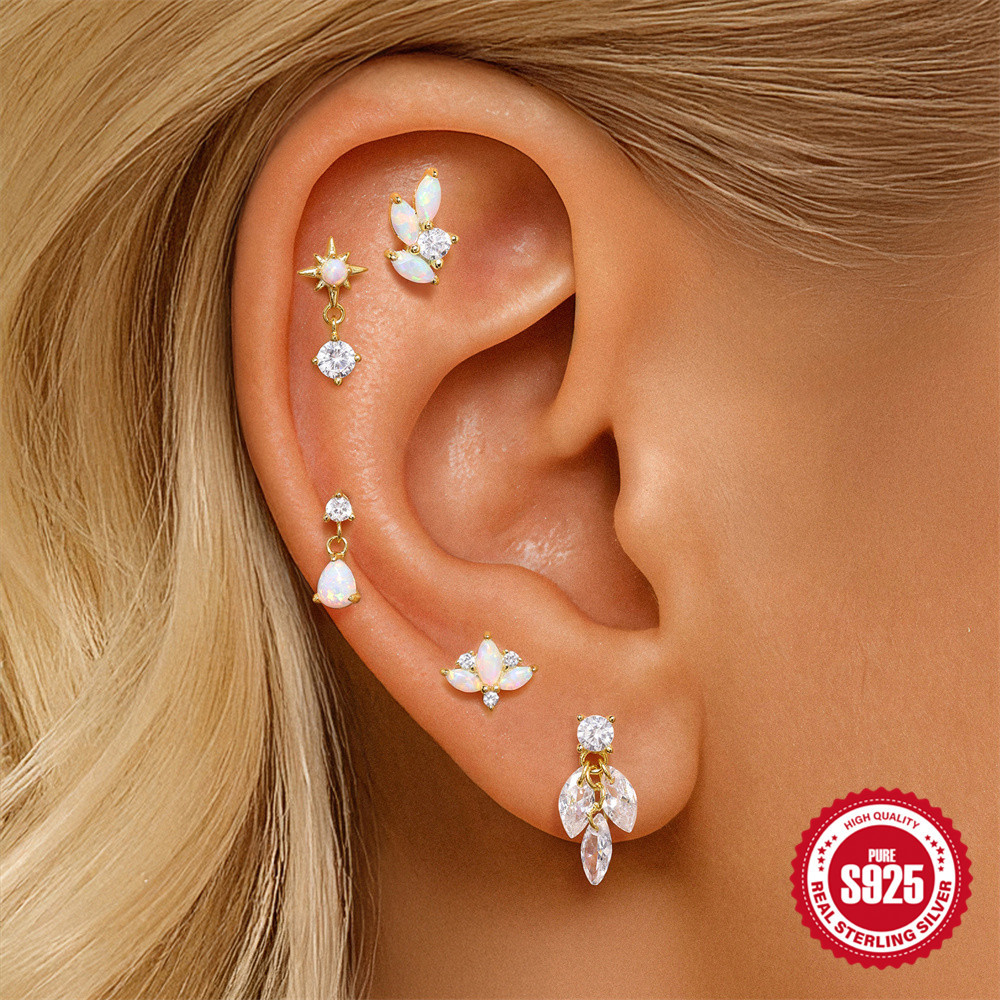 S925 sterling silver geometric diamond-set bow flat head threaded ear bone studs opal earrings ear studs