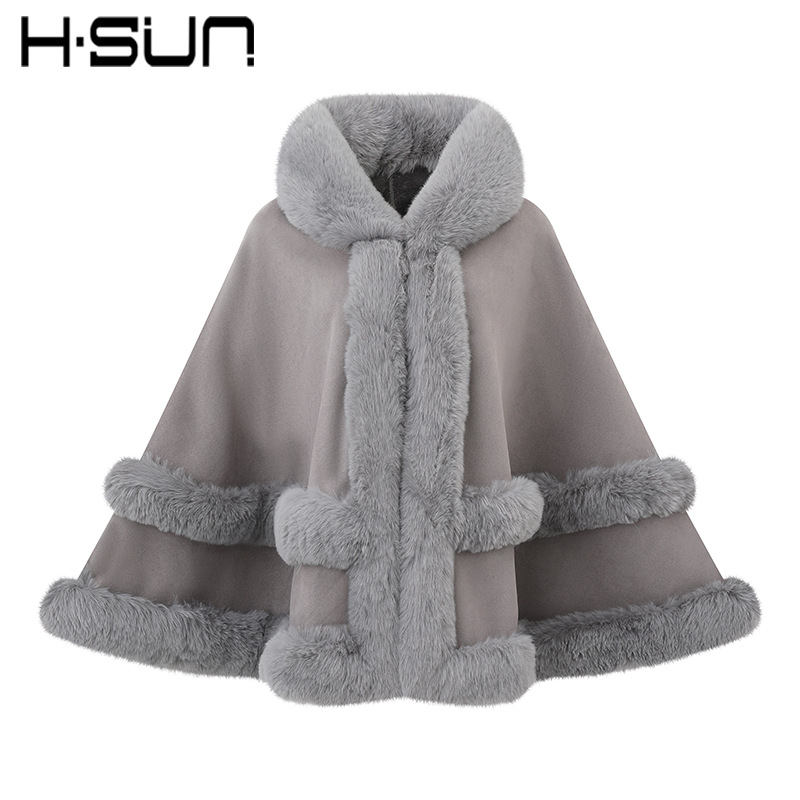 H·SUN Street Style Cape Poncho Cape Suede Fur Trim Warm Fleece Women's 2026 Fur Collar