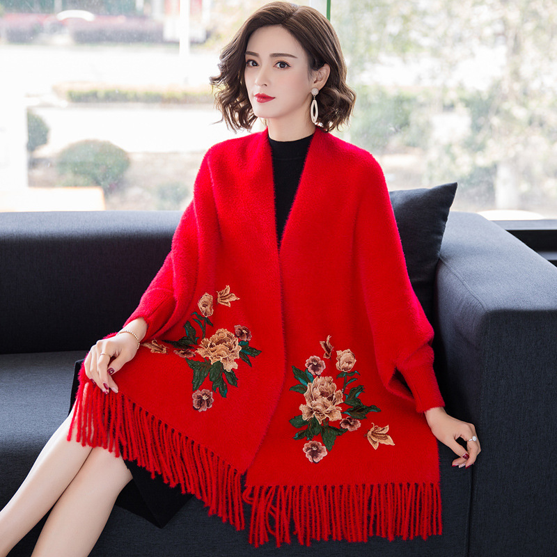 Imitation Mink Embroidery Qipao Shawl Outer Cardigan Women Ethnic Style Mother Red Dress Sleeve Cape Cape Coat