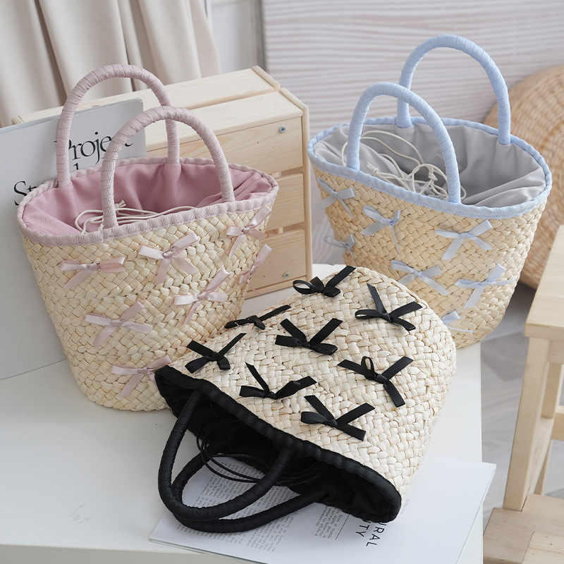 Korean chic urban minimalist straw woven bag with bow, large capacity bucket shoulder bag, beach vacation bag
