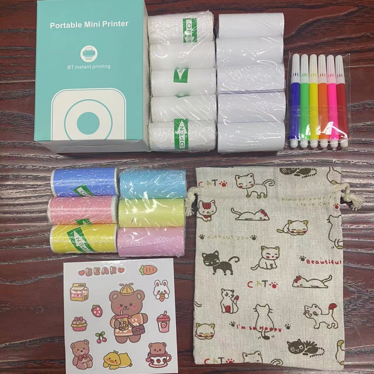 C9蓝色+5卷打印纸+5卷十年不干胶+3卷彩色纸+3卷彩色不干胶+布袋子+水彩笔+随机贴纸