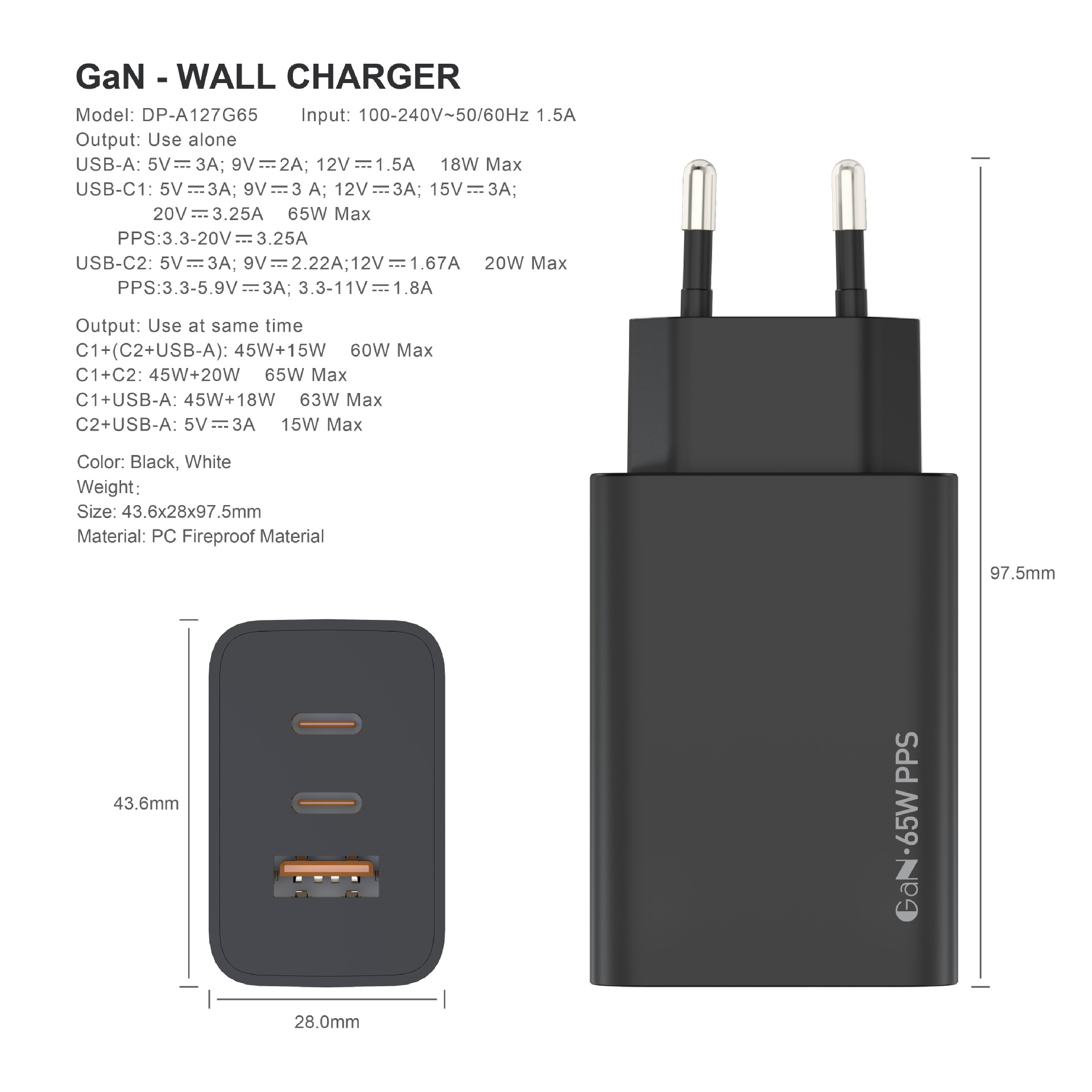 65W Charger 2C1A GaN Charging Head for Phone Laptop 2C1A Triple Port Fast Charger