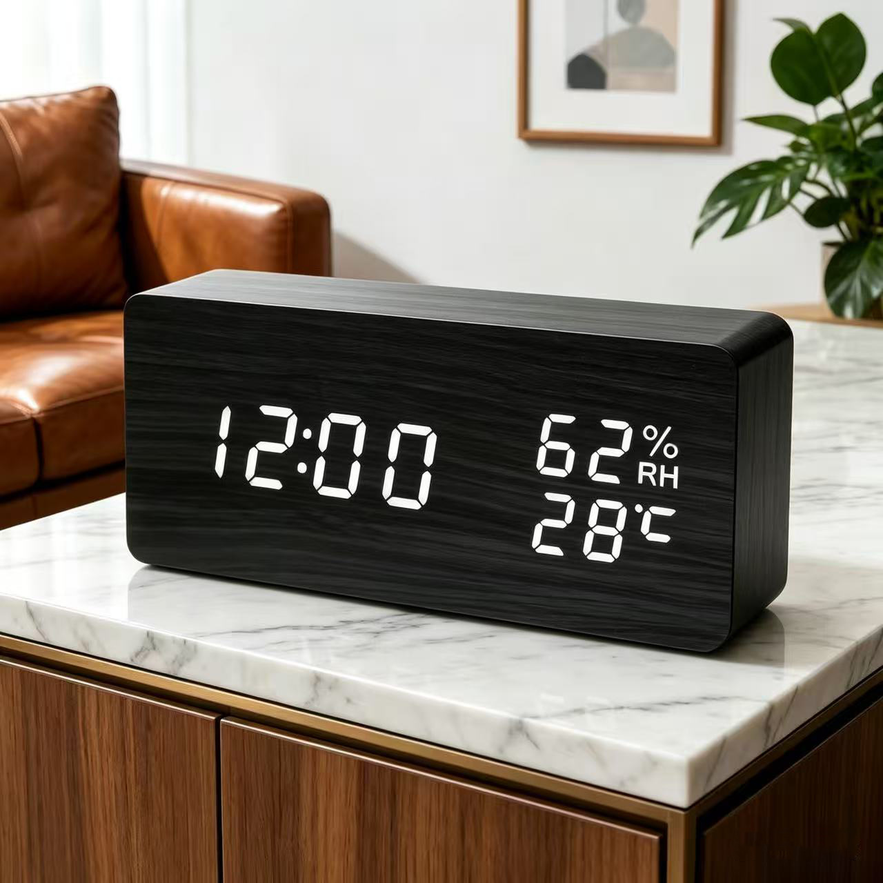 Wooden temperature and humidity clock, digital electronic alarm clock, smart LED temperature digital clock, desktop alarm clock