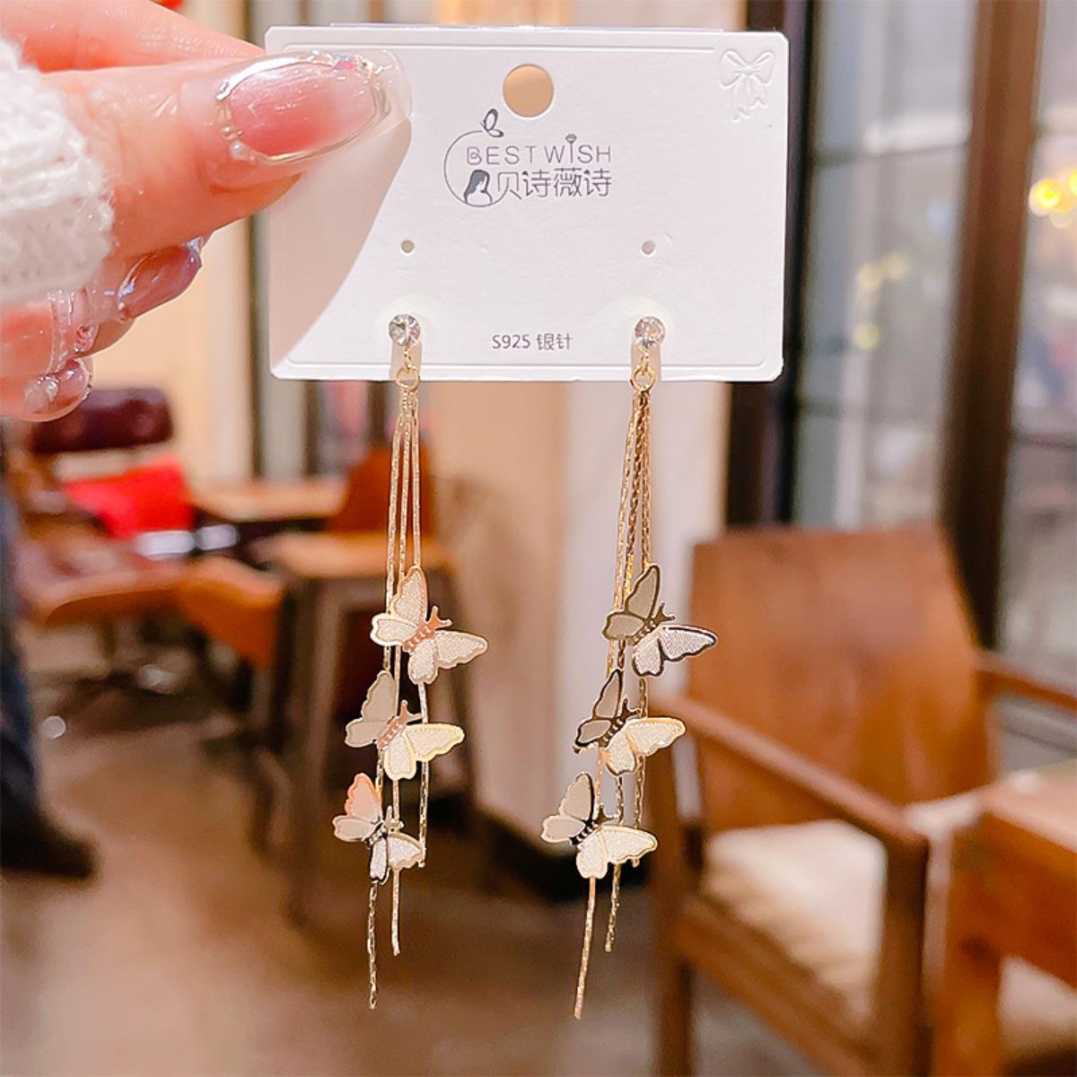 [Tassel 1] Exquisite super fairy face-slimming long zircon earrings, silver needle earring accessories