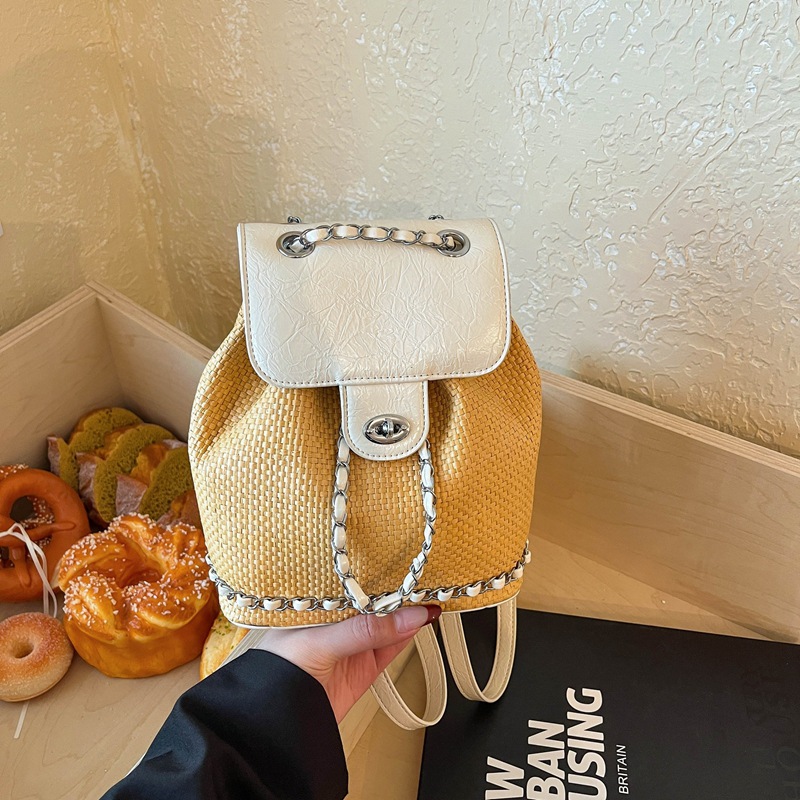 Niche Woven Backpack for Women 2026 New Color-blocked Chain Backpack Spring Summer Texture Travel Backpack
