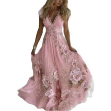 2026 Independent Station New Women's Solid Color Elegant Print Pleated Floral Dress