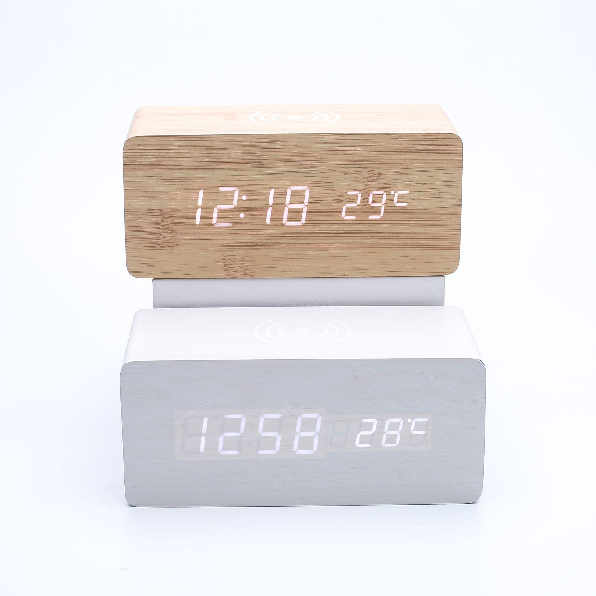 Smart LED wooden clock digital electronic alarm clock, charging clock bedside wireless charging digital wooden clock