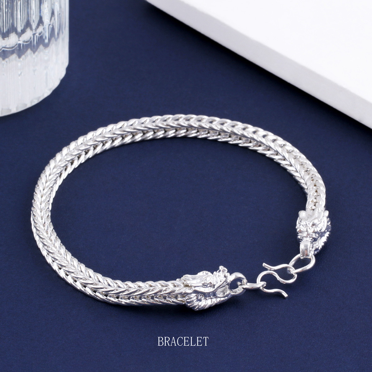 999 stamp men's Miao silver jewelry bold imitation silver men's bracelet dragon bone silver dragon head fox tail bracelet