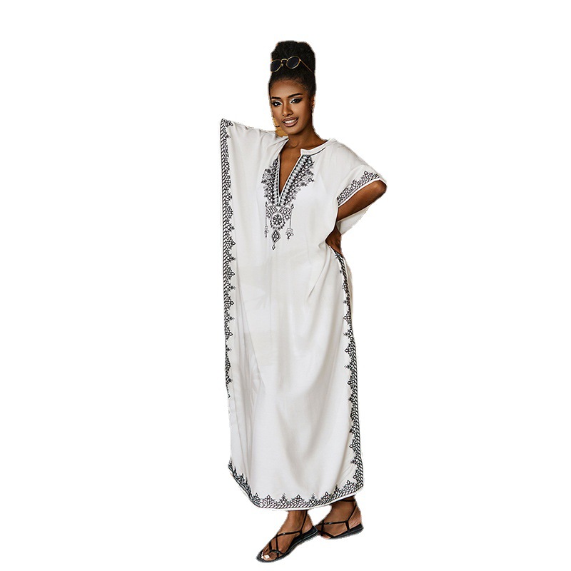 New Rayon Loose Plus Size Vacation Beach Cover Up Stand Collar Long Dress Women Bikini Cover Up Swimsuit Outer