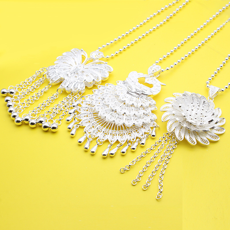 Ethnic style Miao silver sweater chain women butterfly peacock flower long necklace set exhibition imitation silver jewelry