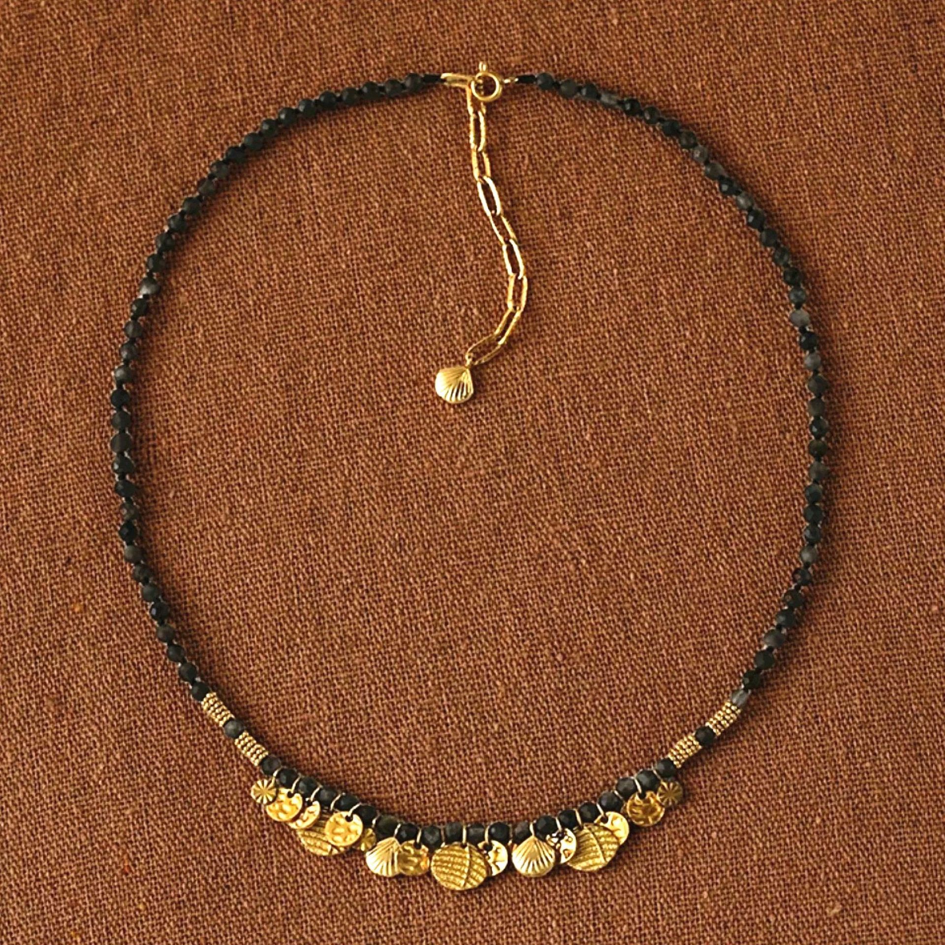 Obsidian Color Gold Flakes Beaded Necklace Vacation Style Original Design Long Multiple Ways to Wear