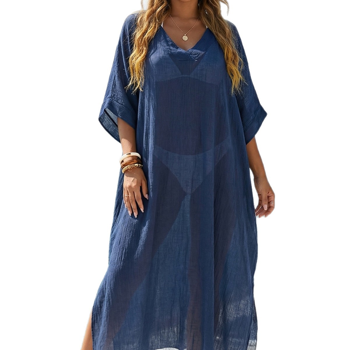 Women's Beach Cover-Up Summer New V-Neck Loose Casual Dress Split Floor-Length Dress Women