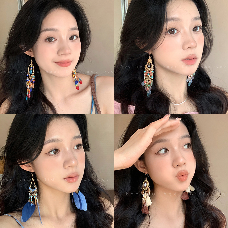 Bohemian Style Blue Feather Tassel Earrings Women Exotic Ethnic Style Earrings Exaggerated Long Ear Accessories