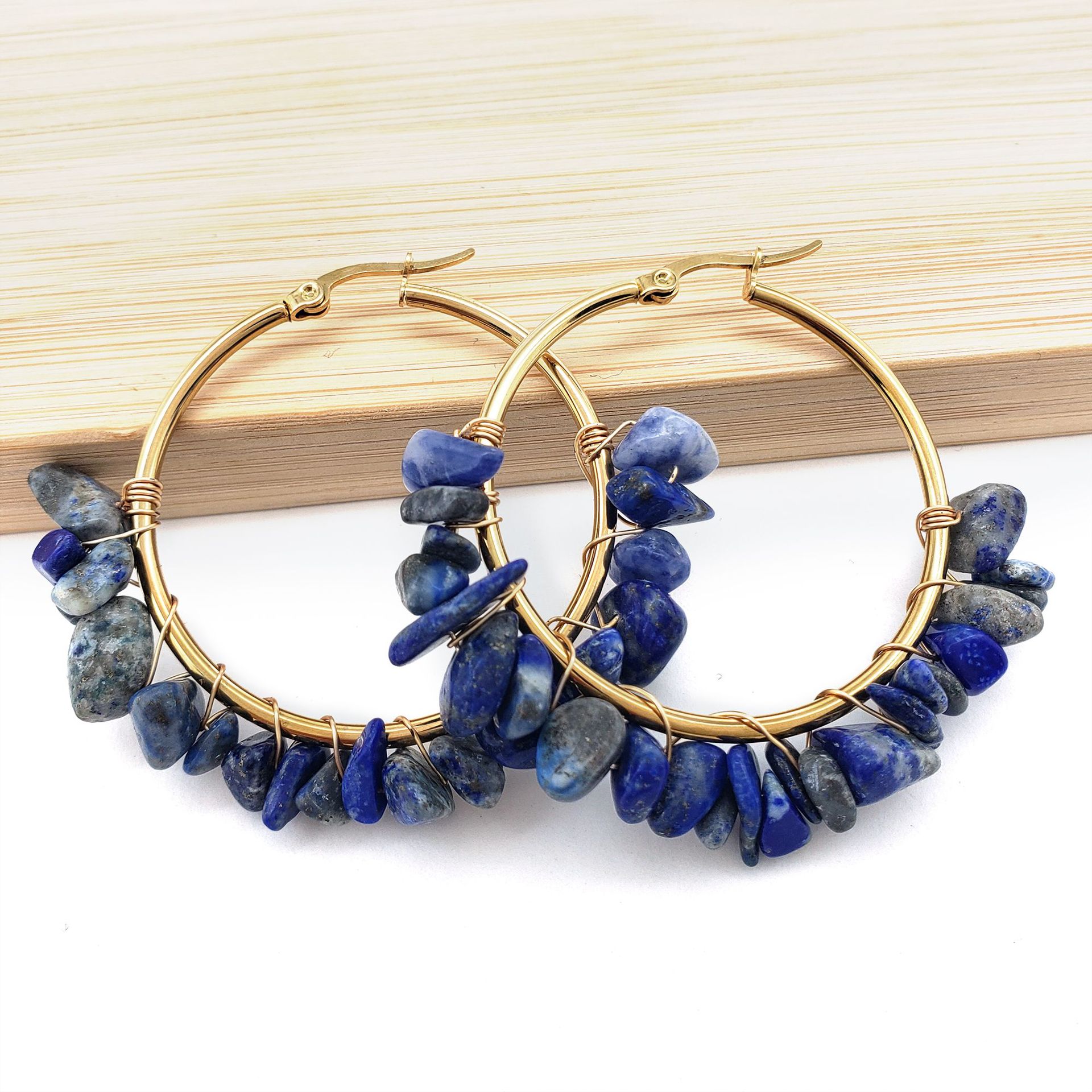 Large Circle Natural Crystal Raw Stone Earrings Hand-wrapped Green Donglin Stone Women's Commute Stainless Steel Earrings