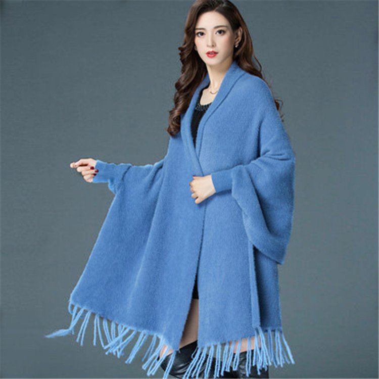 Autumn and winter cape shawl with sleeves for women, solid color faux mink sweater, mid-long cardigan, outerwear for cheongsam, thick cape
