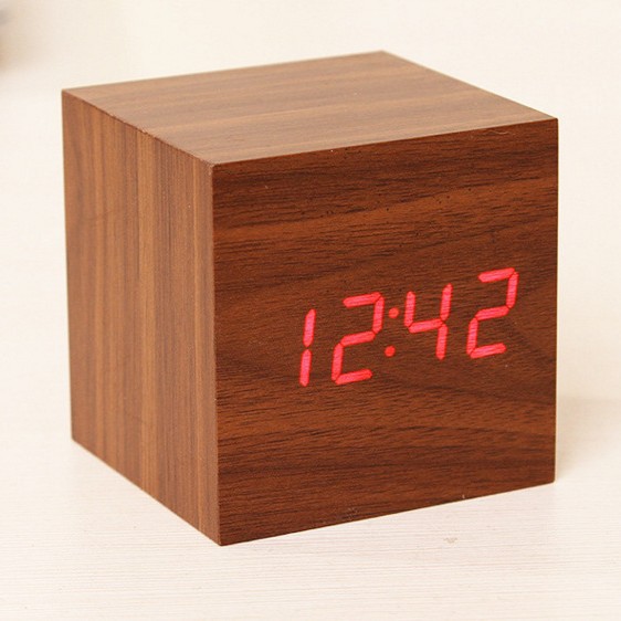Mini small square wooden clock, LED electronic alarm clock, silent voice-activated multi-functional clock, gift logo decoration