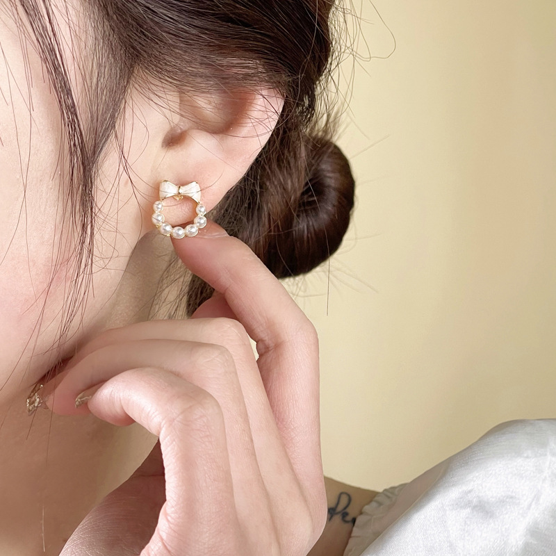 S925 silver needle fairy girl bow ear studs simple sweet small geometric earrings 6131