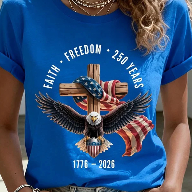 2026 Independent Station Spring Summer New Eagle USA Flag Cross Print Round Neck Short Sleeve