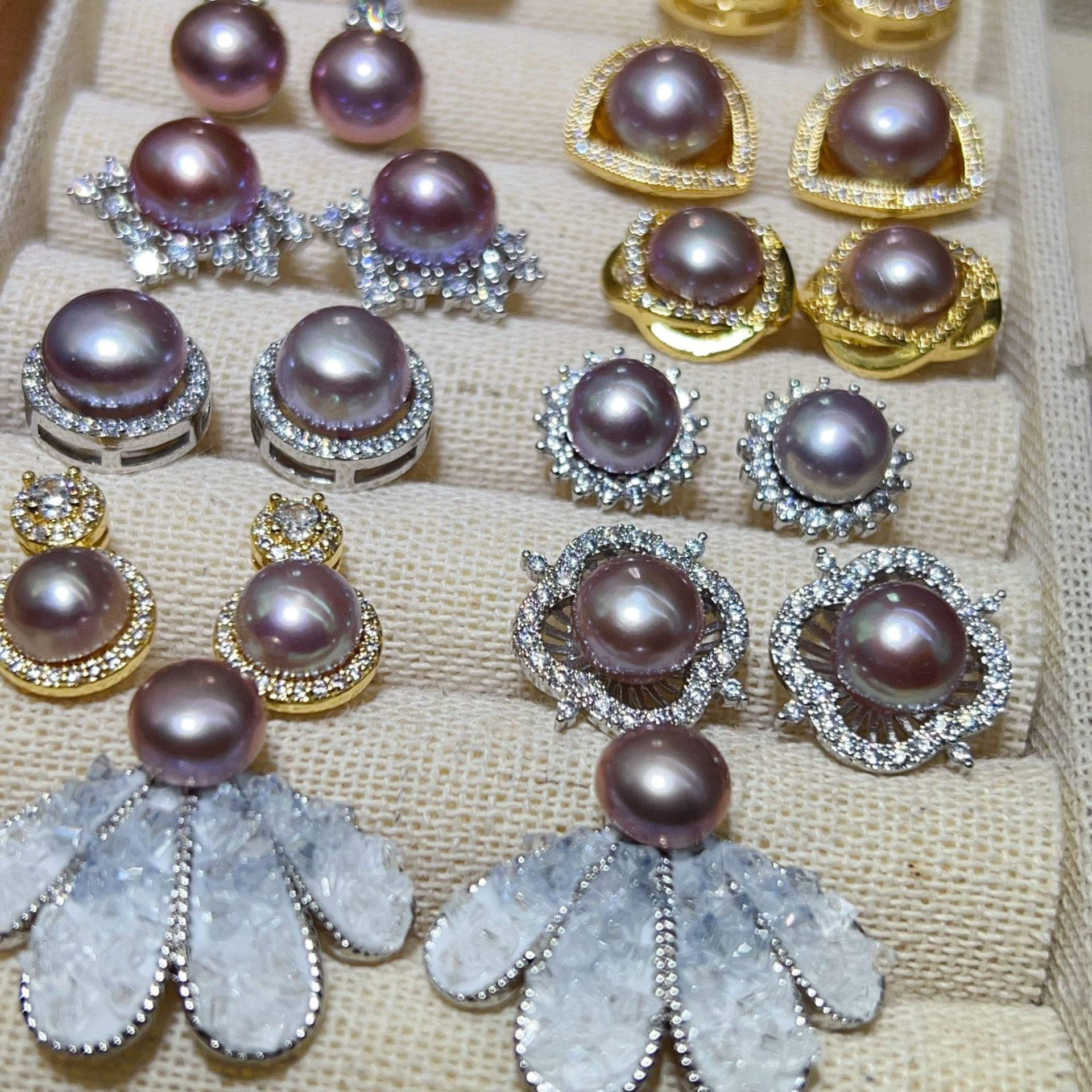 Zhuji Pearl Earrings 8-9MM Bread Pearl 925 Needle Purple Gray Earrings Natural Freshwater Pearl