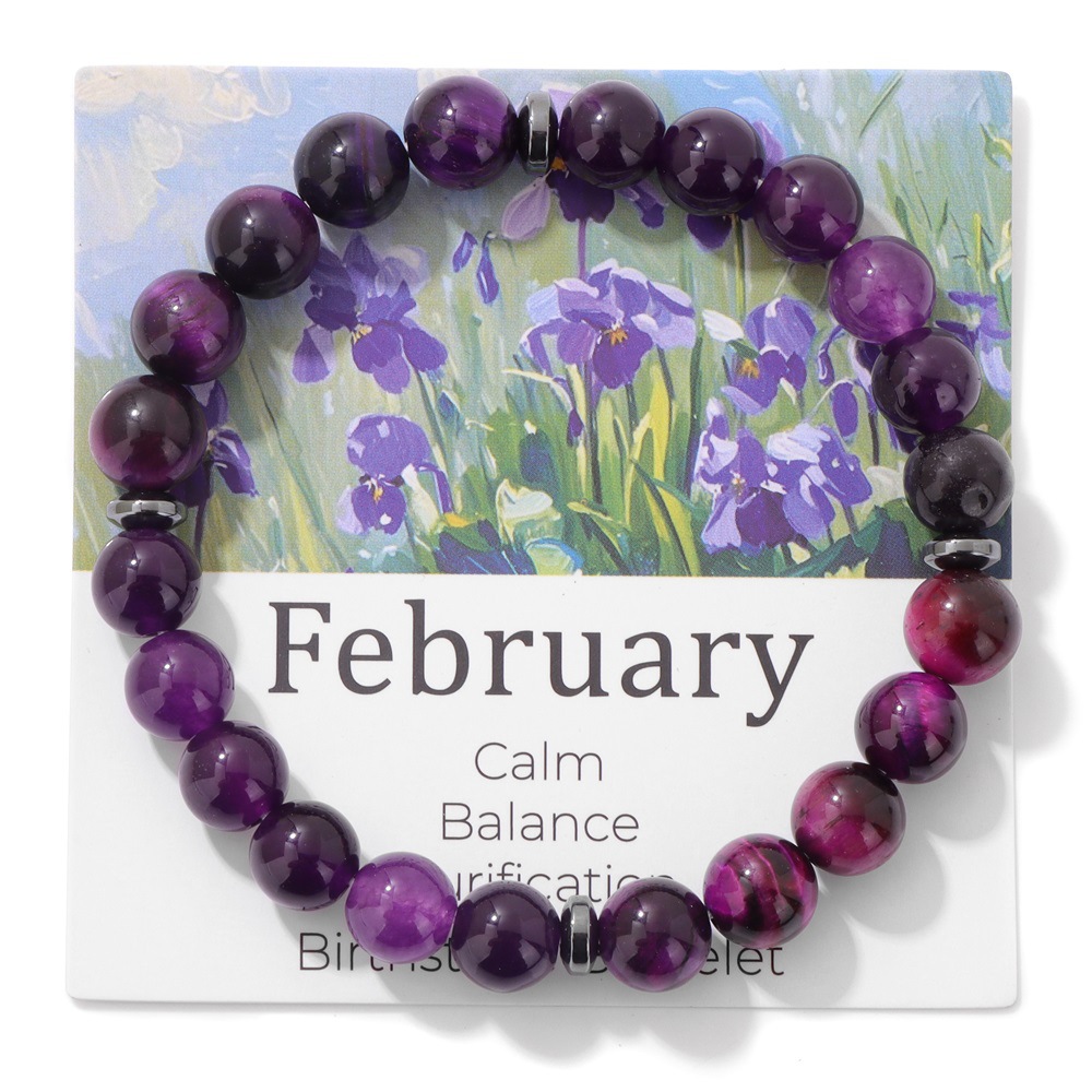 Twelve-month flower bracelet 8mm stone beads amethyst elastic unisex bracelet