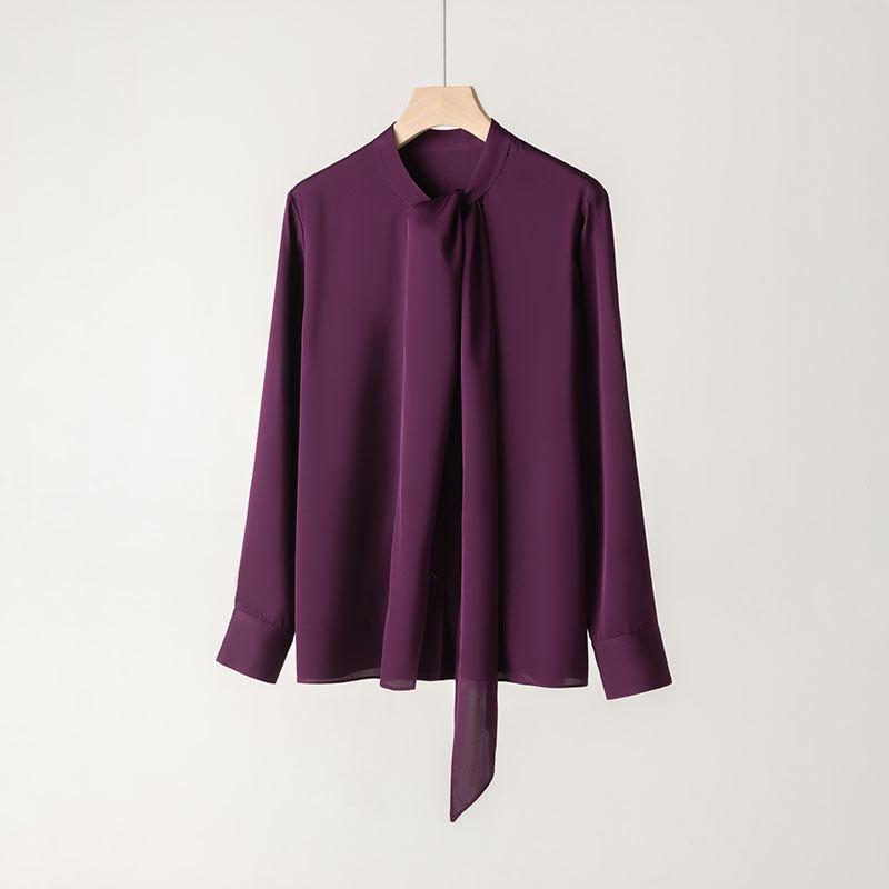 New Silk Blouse for Women Spring Long Sleeve Tie Mulberry Silk Shirt Mid-Length Solid Color Top