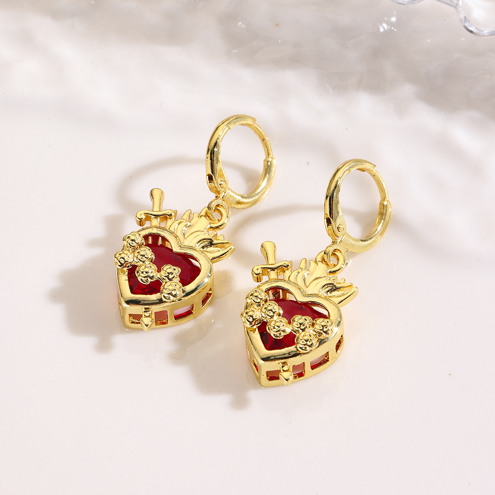 Copper plated red heart cross earring earrings sweet rose crown arrow through heart ear clip earring earrings jewelry