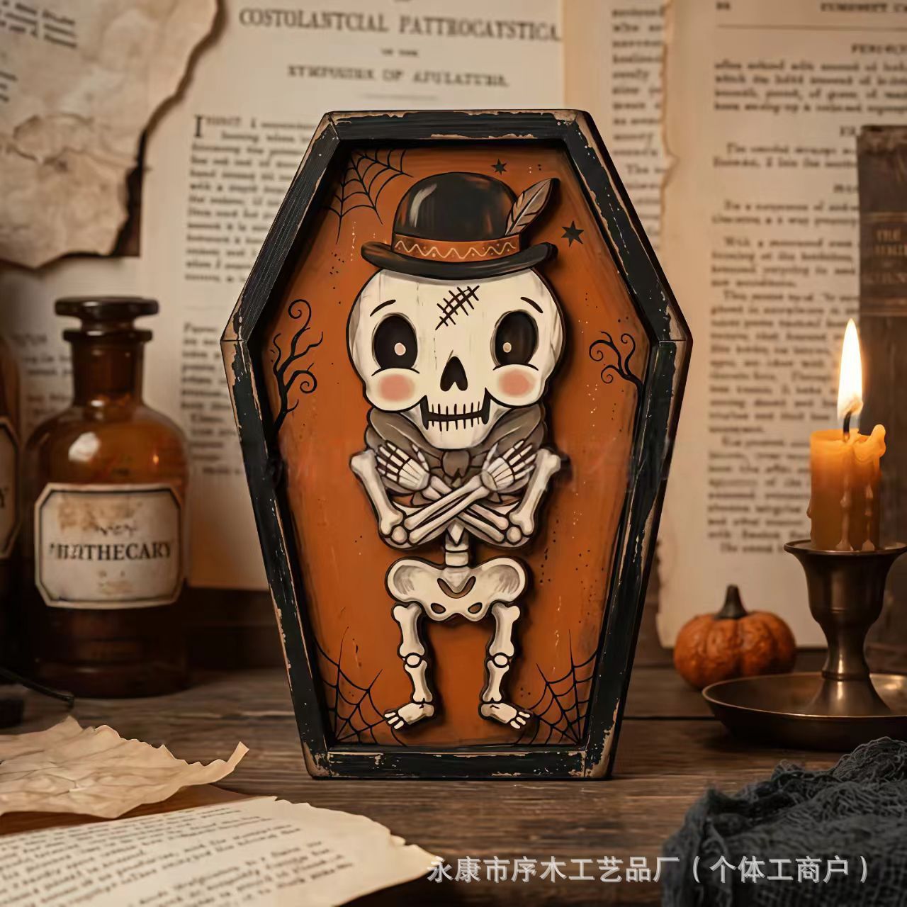 Halloween Wooden Ornament Double Layer Frame Three-Dimensional Wooden Sign Pumpkin Ghost Skeleton Bat Tabletop Decoration