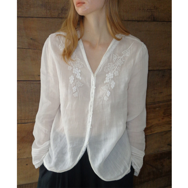2026SS 100% Ramie Embroidered V-Neck Sheer Lace Trim Blouse